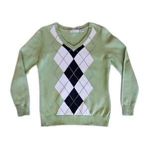 Liz Claiborne V-Neck Sweater Argyle Preppy 90s Varsity Green Cotton Womens Sz M
